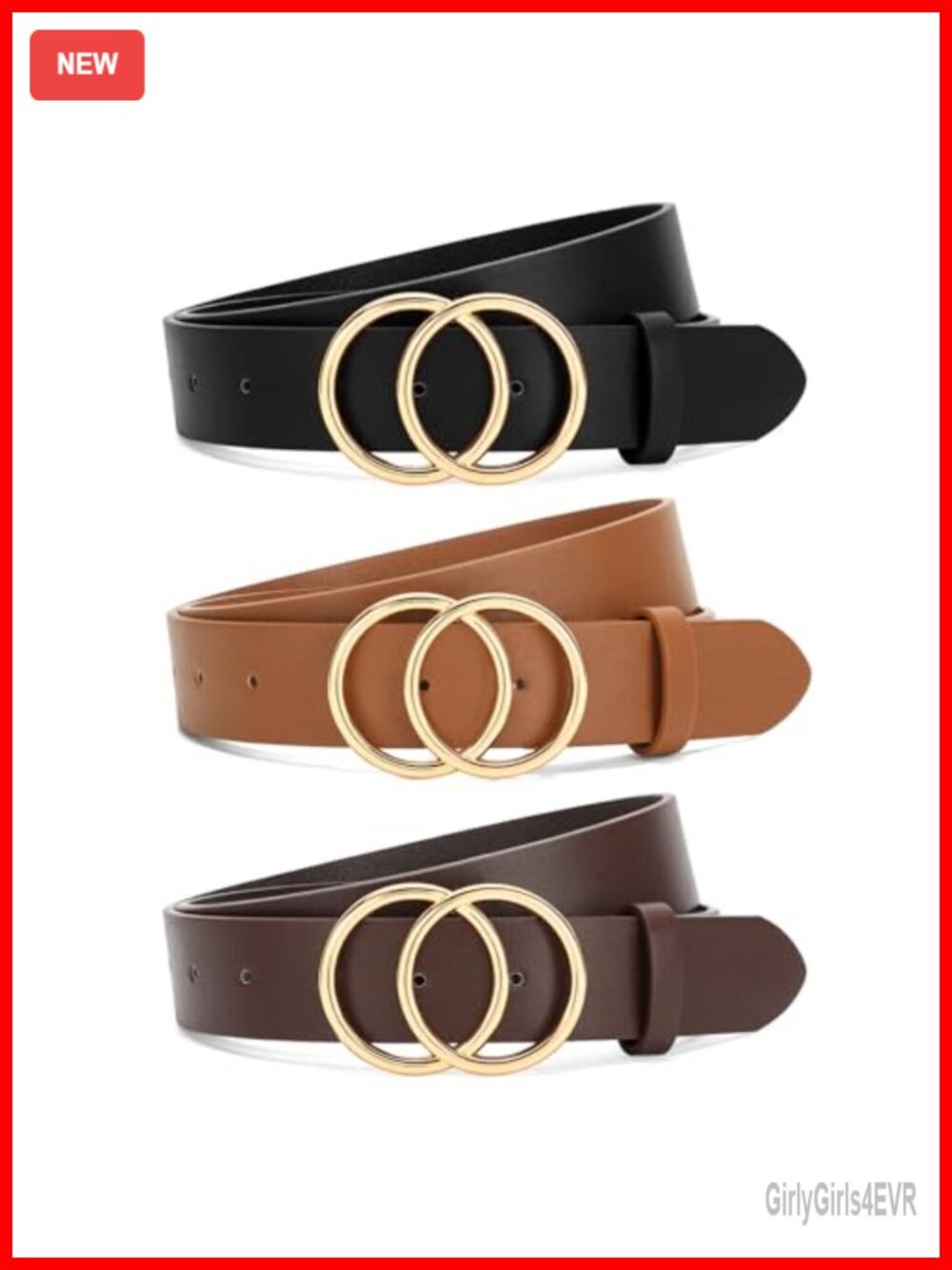 3 Pack Faux Leather Womens Belts Double O-Ring Gold Buckle Jeans Dresses
